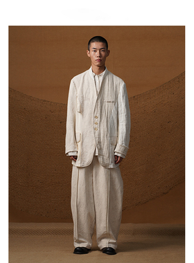 【MORIN KHUUR 设计师品牌】秋冬不对称米白色拼接褶皱宽松西装外