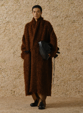 【MORIN KHUUR 牧仁】深棕色马海毛系带宽松毛呢长外套