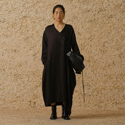 【MORIN KHUUR 牧仁】黑色提花拼接长袖连衣裙