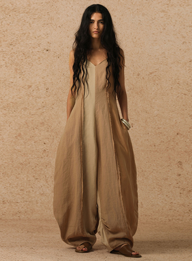 【MORIN KHUUR 牧仁】丝麻拼色弧线连体裤