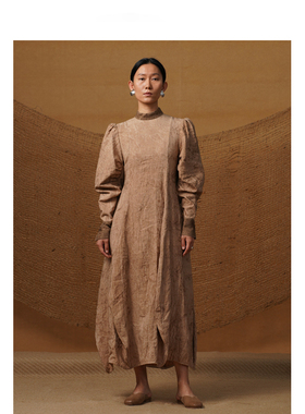 【MORIN KHUUR设计师品牌】女士泡泡袖立体亚麻长袖连衣裙