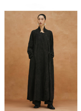 【MORIN KHUUR设计师品牌】泥染绣花棉麻宽松长款系带风衣外套