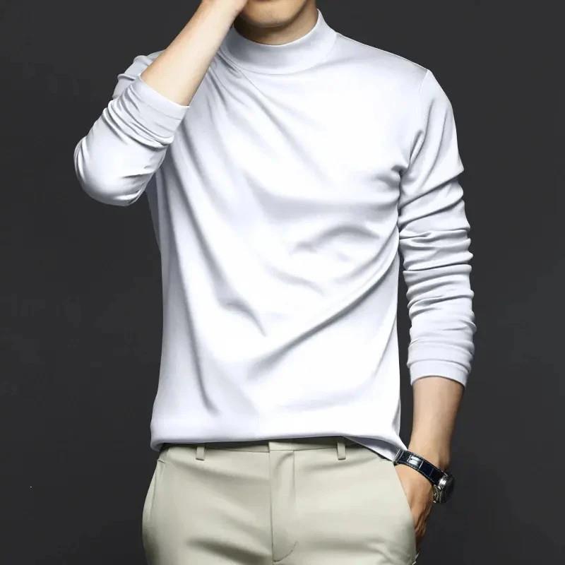 元武严选液氨丝光棉X半高领长袖t恤男秋冬季纯色修身中领打底