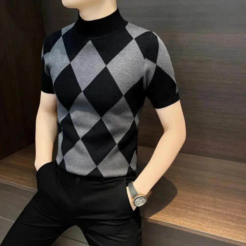 乐淘尚品轻奢店秋季新款S半高领Y菱格打底衫男士痞帅针织短袖t恤