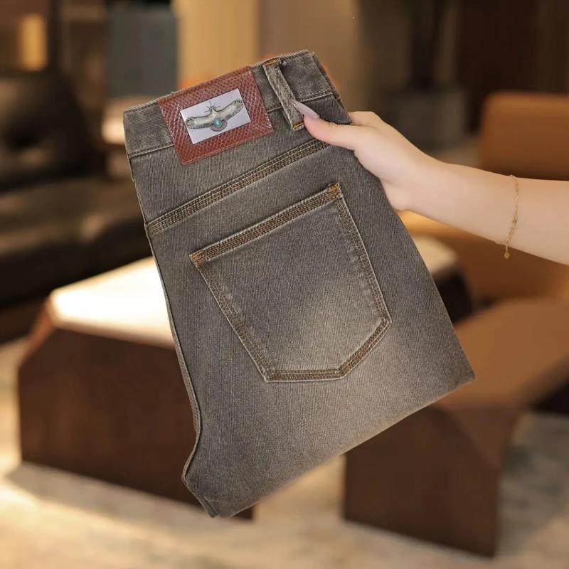 泽宇甄选优品高端牛仔裤男秋冬琥珀棕修身小直筒莱赛尔弹力可九分