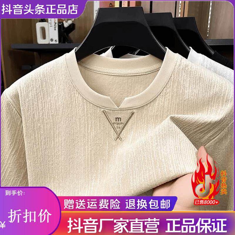 凯登鹿轻奢简约V领t恤短袖夏季肌理感褶皱薄款透气打底衫内搭男士