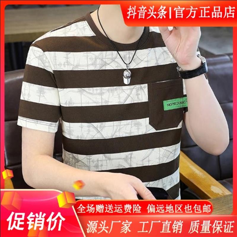 逸飞轻奢男装高端男士夏季条纹大码舒适透气短袖中年气质T恤上衣