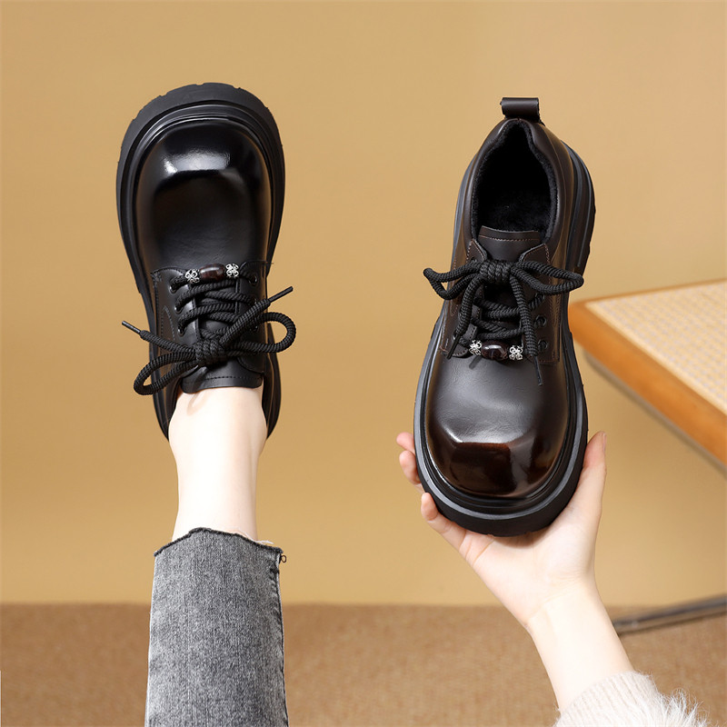 黑色圆头乐福鞋女2026春季新款小个子增高单鞋系带厚底显瘦小皮鞋,女鞋,乐福鞋（豆豆鞋）,淘宝优惠券,粉丝福利购,淘宝优惠卷