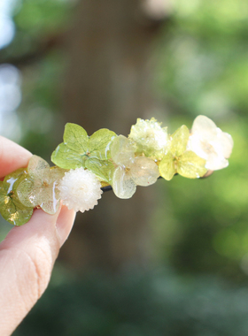 【清爽绣球】原创设计手工特色森系鸭嘴夹刘海金色一字夹绿色发夹