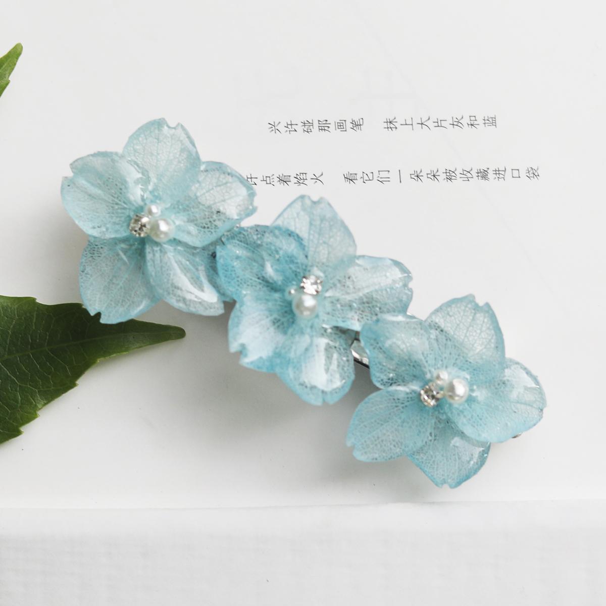真实绣球花，永生花少女淡雅甜美日系气质侧边粉色天蓝色发卡发夹