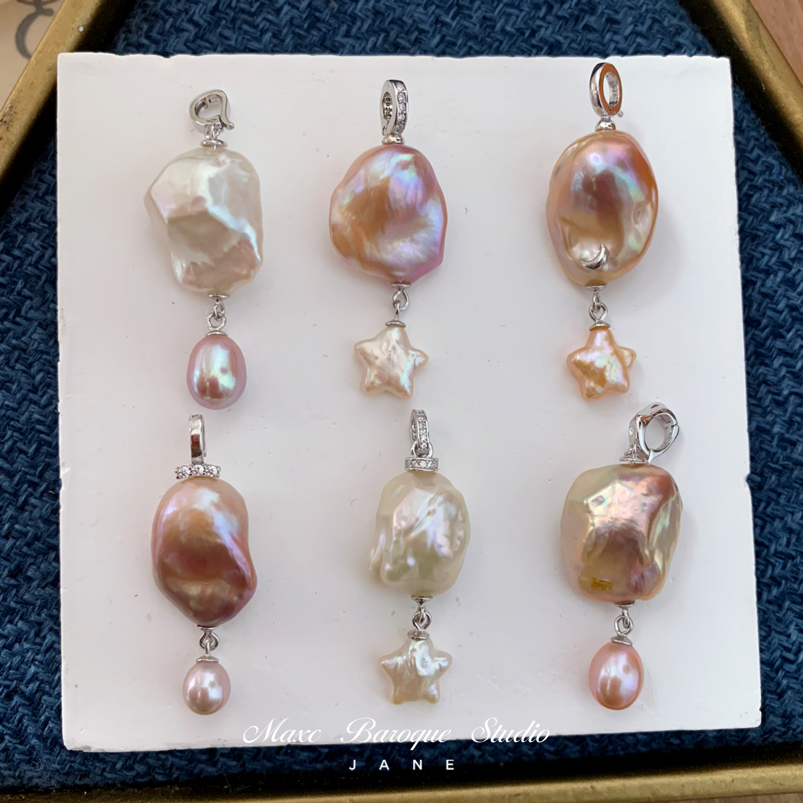 大巴洛克钻石异形珍珠炫彩粉紫星星米滴溜灵动挂项链吊坠s925银饰