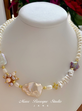 重工手作奢华小众设计Vintage极光天然宝石巴洛克淡水珍珠星项链