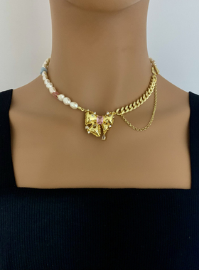 多巴胺蝴蝶结锁骨链个性时尚巴洛克异形淡水珍珠水晶项链女孩礼物