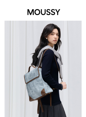 MOUSSY Geek Chic仿牛仔PU女双肩包大容量背包旅行通勤轻便电脑包