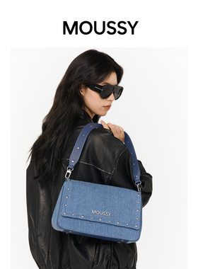 MOUSSY Cozy Fit牛仔铆钉翻盖包菱形小方包潮女包包