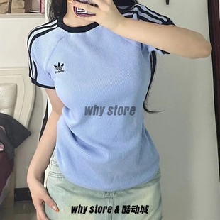 Adidas三叶草运动休闲复古三条纹刺绣logo女子短袖T恤 IC5462