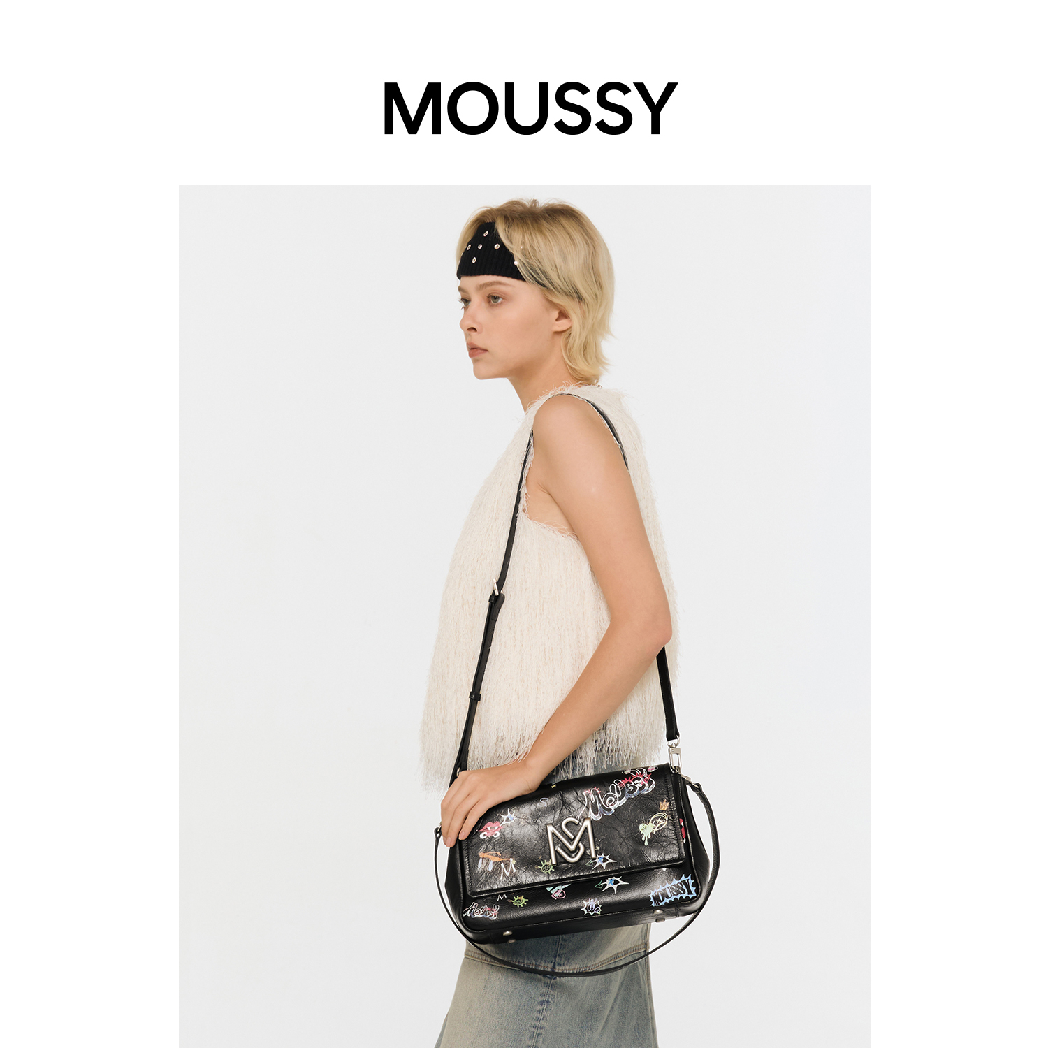 MOUSSY摩西涂鸦单肩手提斜跨包