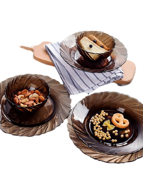 法国进口DURALEX多莱斯双人玻璃餐具6件咖啡色螺纹水杯饭碗餐盘