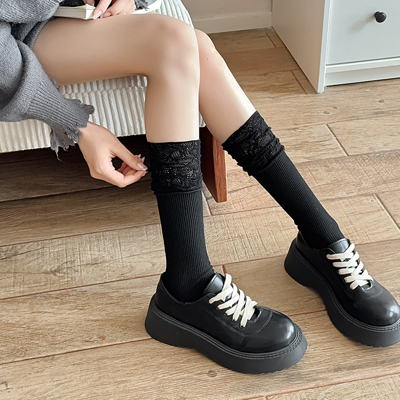 日系纯欲风白色中筒袜温柔洛丽塔少女小腿袜蕾丝拼接可翻边堆堆袜