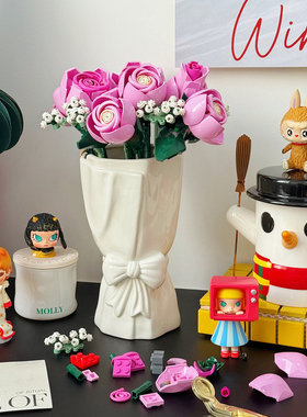 蝴蝶结陶瓷花瓶乐高玫瑰积木花展示瓶ins风家居桌面装饰摆件礼物