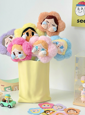 哭娃花束黄色褶皱奶油风陶瓷花瓶可爱毛绒花朵收纳桌面装饰品摆件