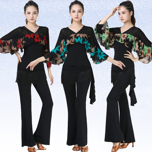 吉特巴舞蹈服新款夏季网纱跳舞服印花拉丁舞服三步踩服装广场舞服