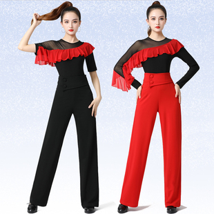 吉特巴新款舞蹈服网纱撞色拉丁舞上衣夏季广场舞服飞边连体舞蹈服