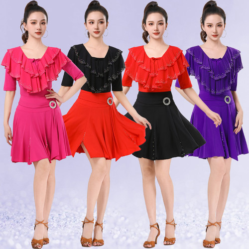 吉特巴舞蹈服新款夏季舞服烫钻三步踩上衣中袖荷叶飞边交谊舞服装