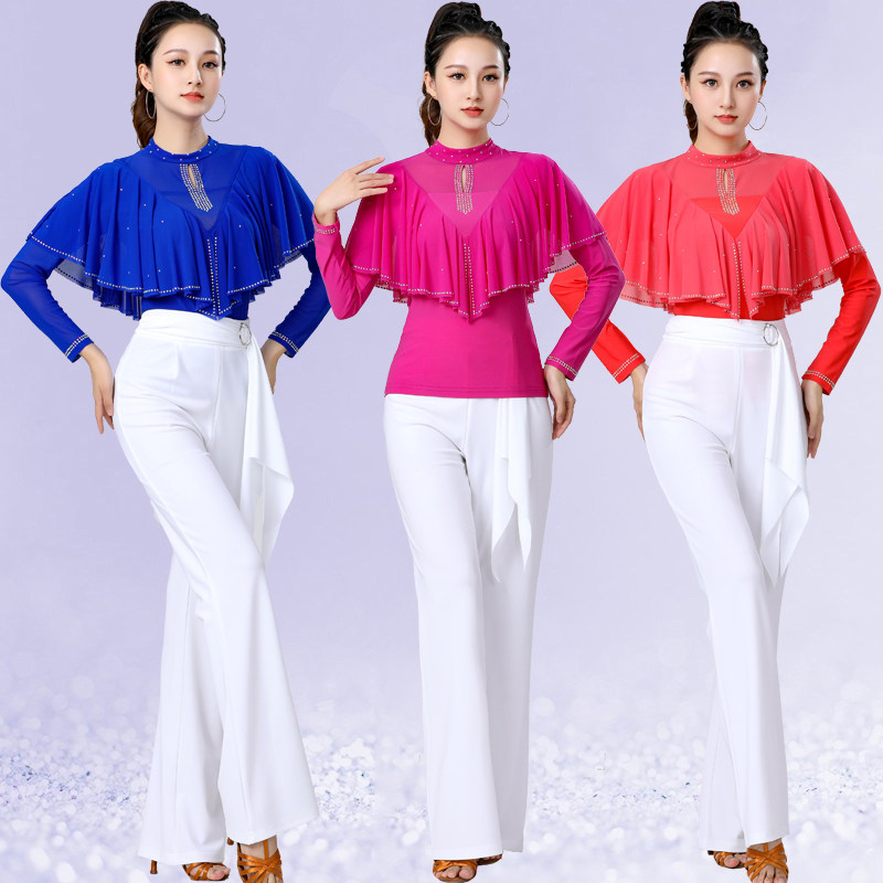 吉特巴舞蹈服新款小高领长袖彩钻荷叶边舞蹈服三步踩上衣广场舞服