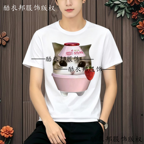 网红妙脆角小猫抽象梗图印花短袖男女趣味meme表情包学生上衣