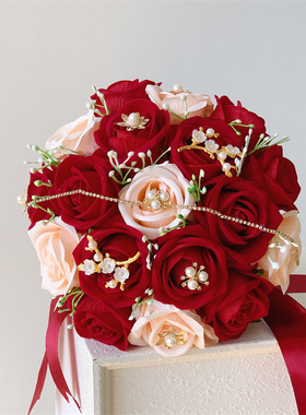 新娘手捧花高级感婚礼仿真红色玫瑰花球结婚领证花束假花拍照道具