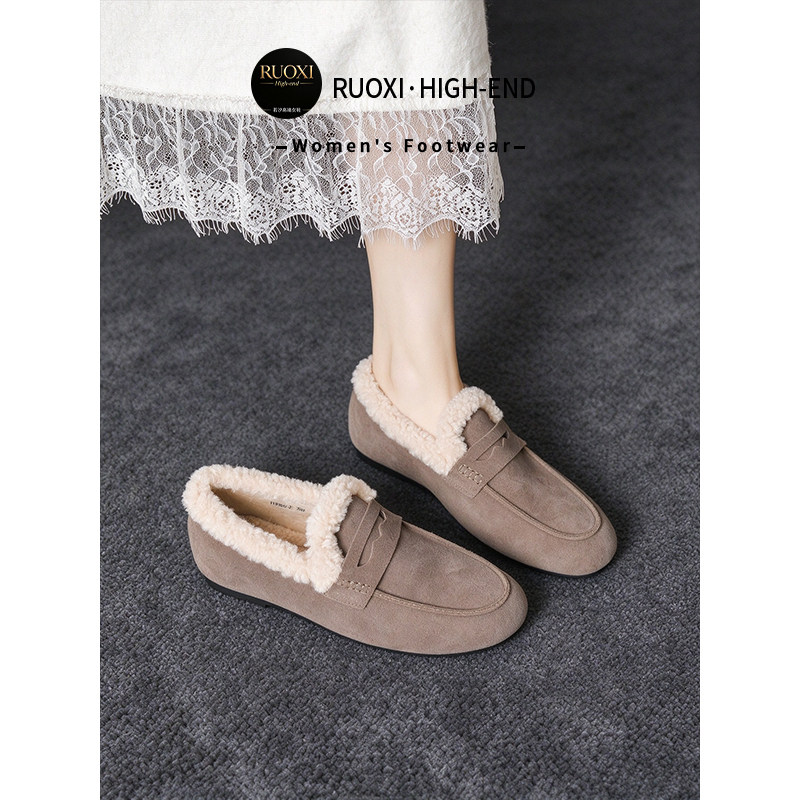 羊皮版~欧美风加绒乐福鞋女冬一脚蹬保暖棉鞋毛毛鞋平底懒人单鞋