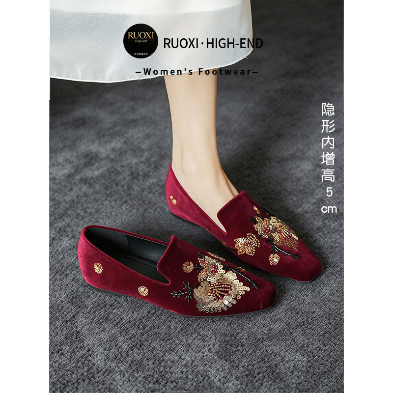 新中式丝绒绣花单鞋女国风内增高