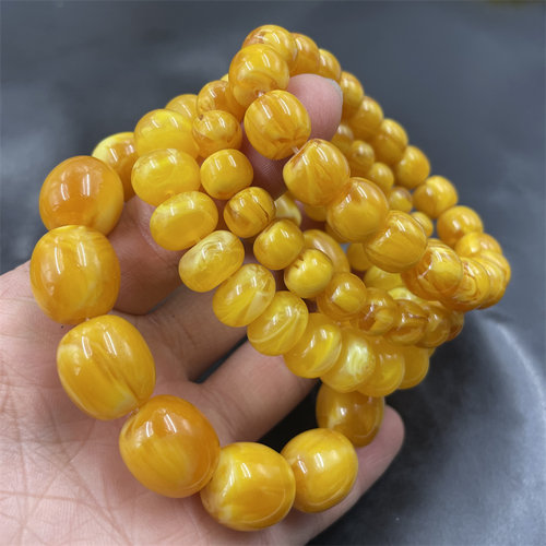 华夏美玉 优化琥珀蜜蜡筒珠手链 黄蜜蜡手串 金绞蜜老型珠手链
