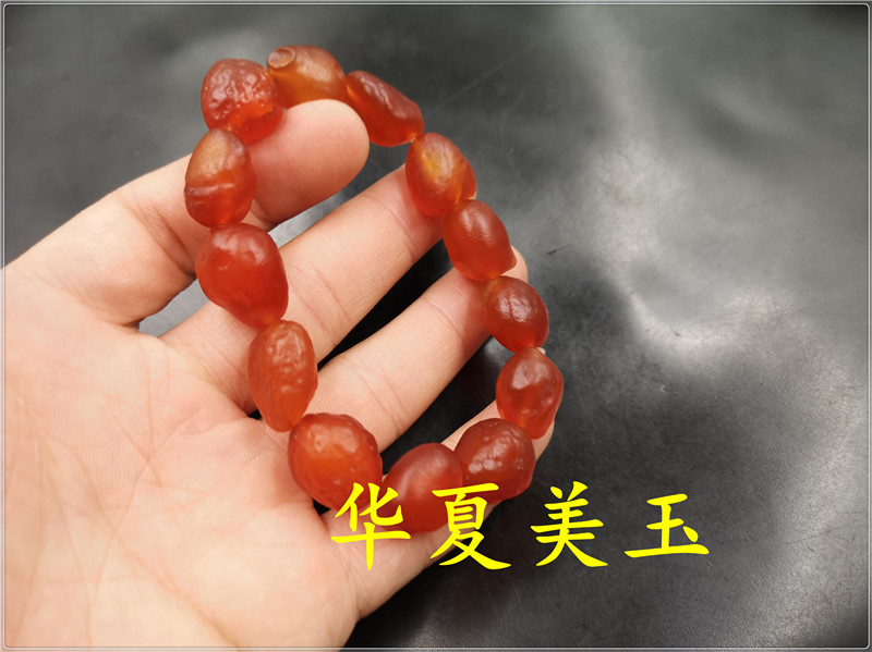 华夏美玉 精品全红色阿拉善玛瑙原石手链 手串 特价