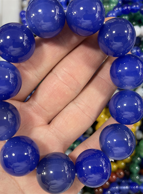 华夏美玉 20毫米蓝色玛瑙圆珠手链 男款大珠子玛瑙手串