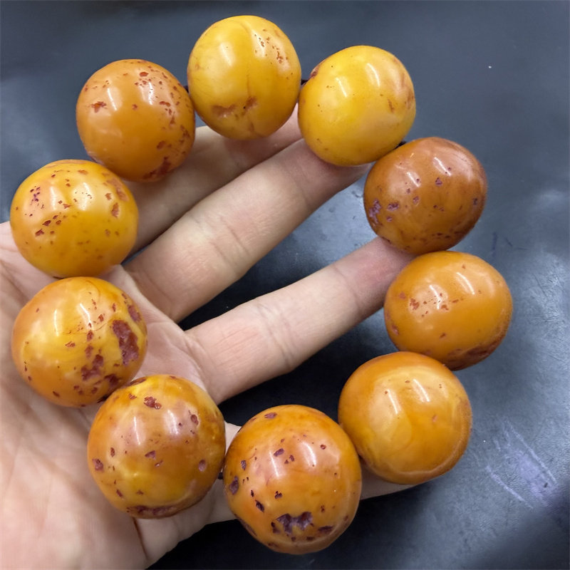 华夏美玉 优化25毫米大号老蜜蜡圆珠手链 虫眼琥珀蜜蜡手串