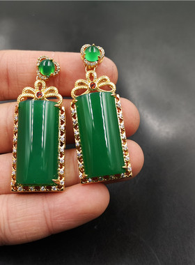 华夏美玉 925银镶嵌绿玉髓平安牌吊坠 碧绿色玛瑙方牌 毛衣链挂坠