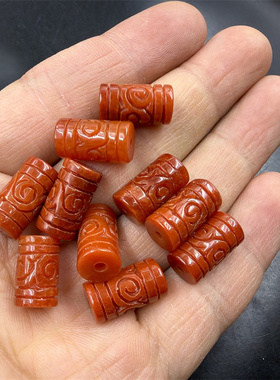 华夏美玉 红翡翠玉回纹雕花筒珠散珠 散批 散批