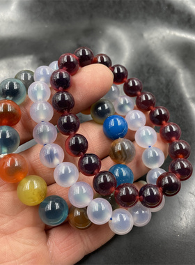 酒红色糖心玛瑙圆珠手链灰白色