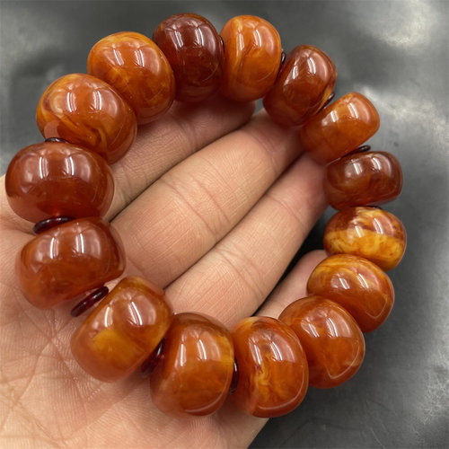 华夏美玉 优化二代琥珀蜜蜡算盘珠手链 老蜜蜡筒珠手串 老型珠