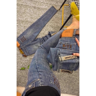 春秋韩版新款小脚牛仔裤女胖mm大码高腰弹力修身紧身显瘦刺绣长裤