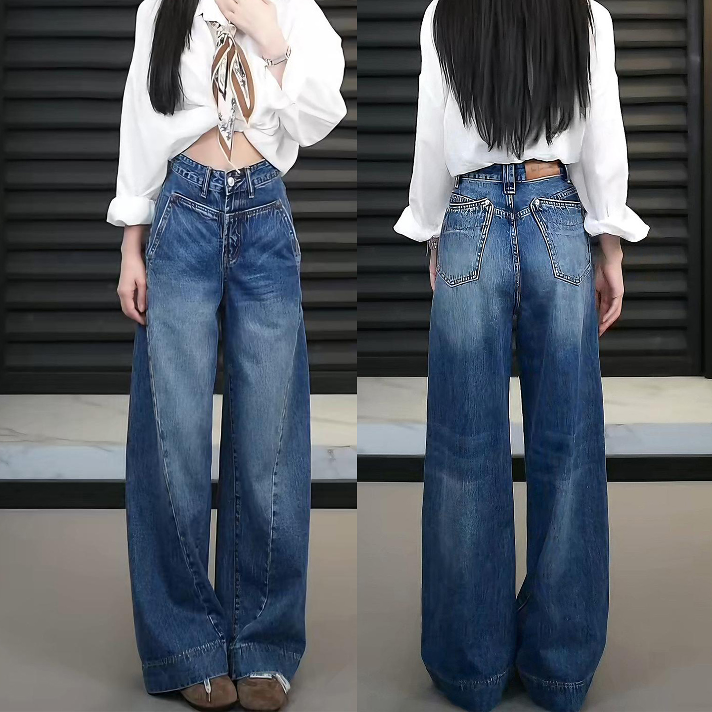 复古高腰阔腿直筒弯刀牛仔裤女
