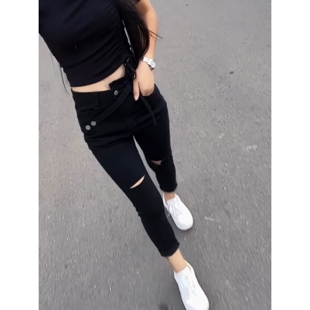 夏秋新款牛仔裤女斜扣感显破洞小脚弹力裤黑色百搭八九分铅笔裤子