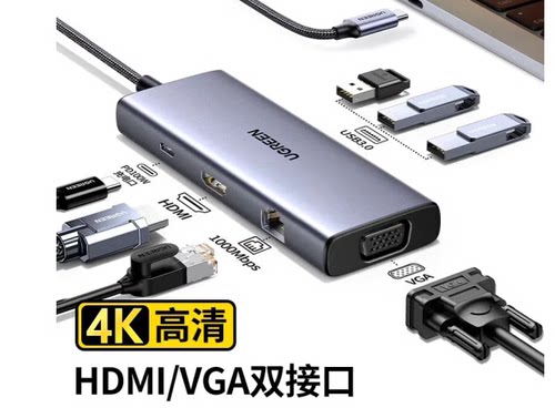 cm498绿联Type-C转3xUSB +HDMI + VGA + RJ45 千兆 +PD7合一15599