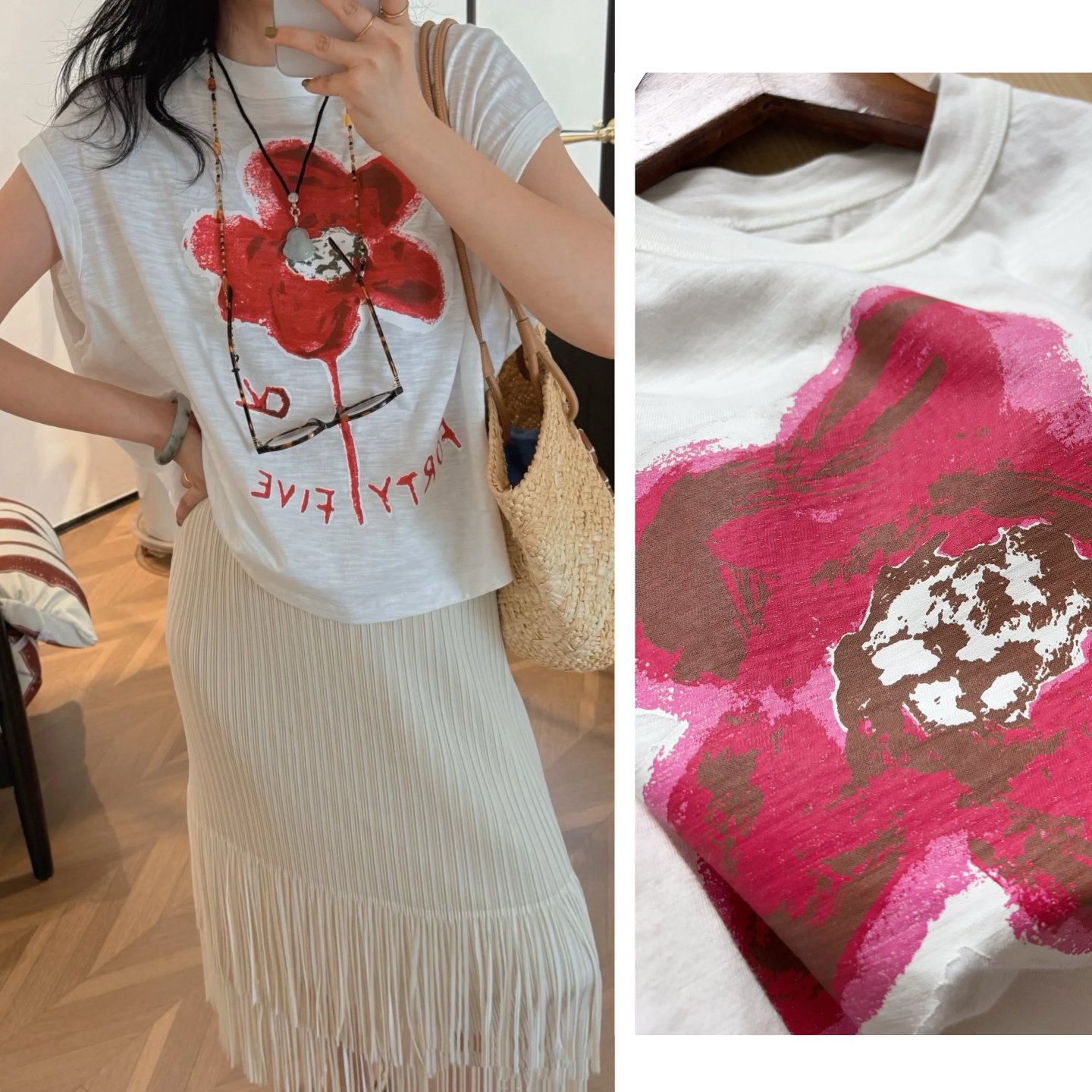 新增色~！日本轻奢  花朵R字母印花竹节棉宽松无袖短款背心T恤女