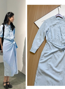 设计师款~ 绿绒蒿系列  天蓝色围裹侧绑带式长袖圆领衬衫连衣裙