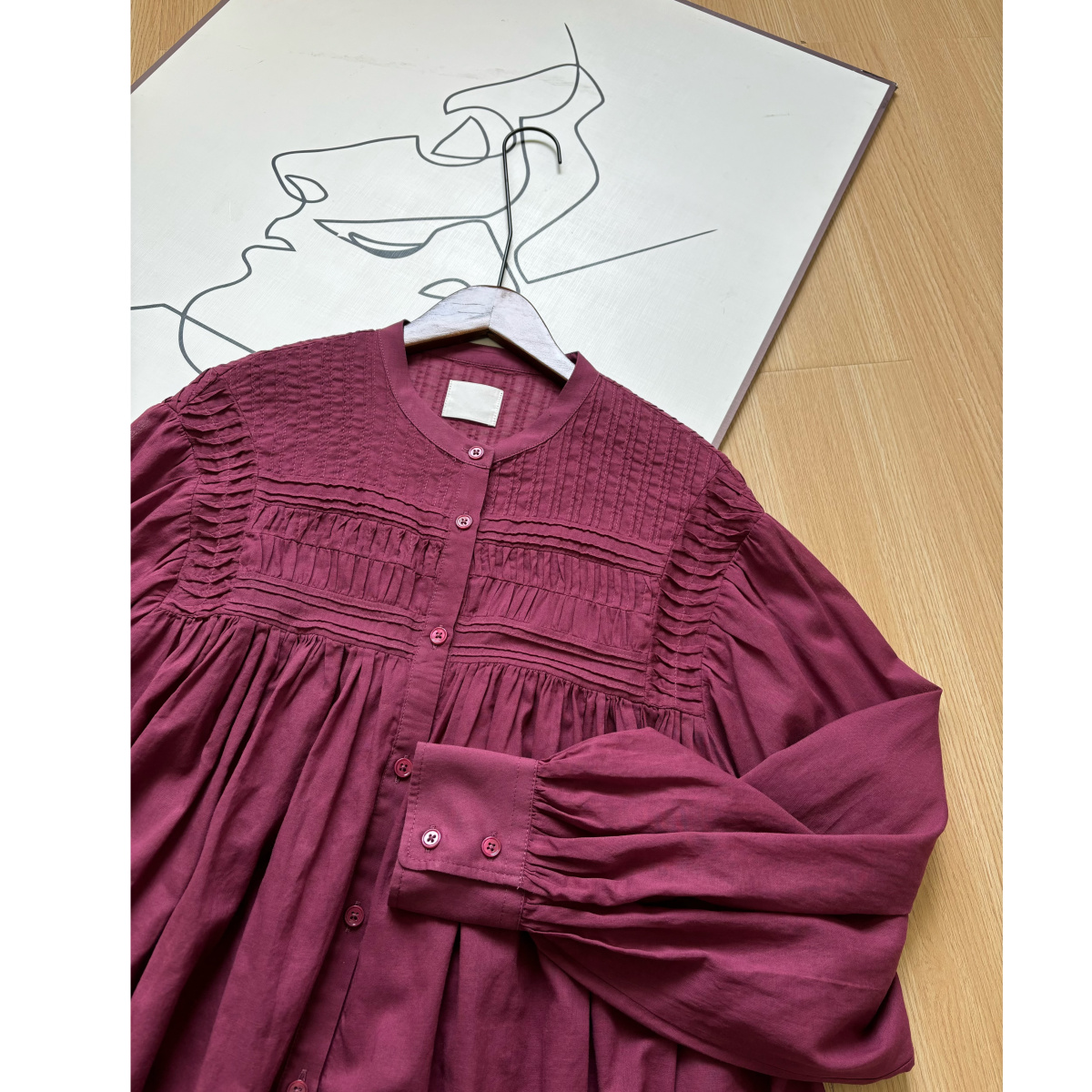 新色乌梅子酱~！法系IS  重工风琴褶泡泡袖轻薄宽松全棉纱衬衫女