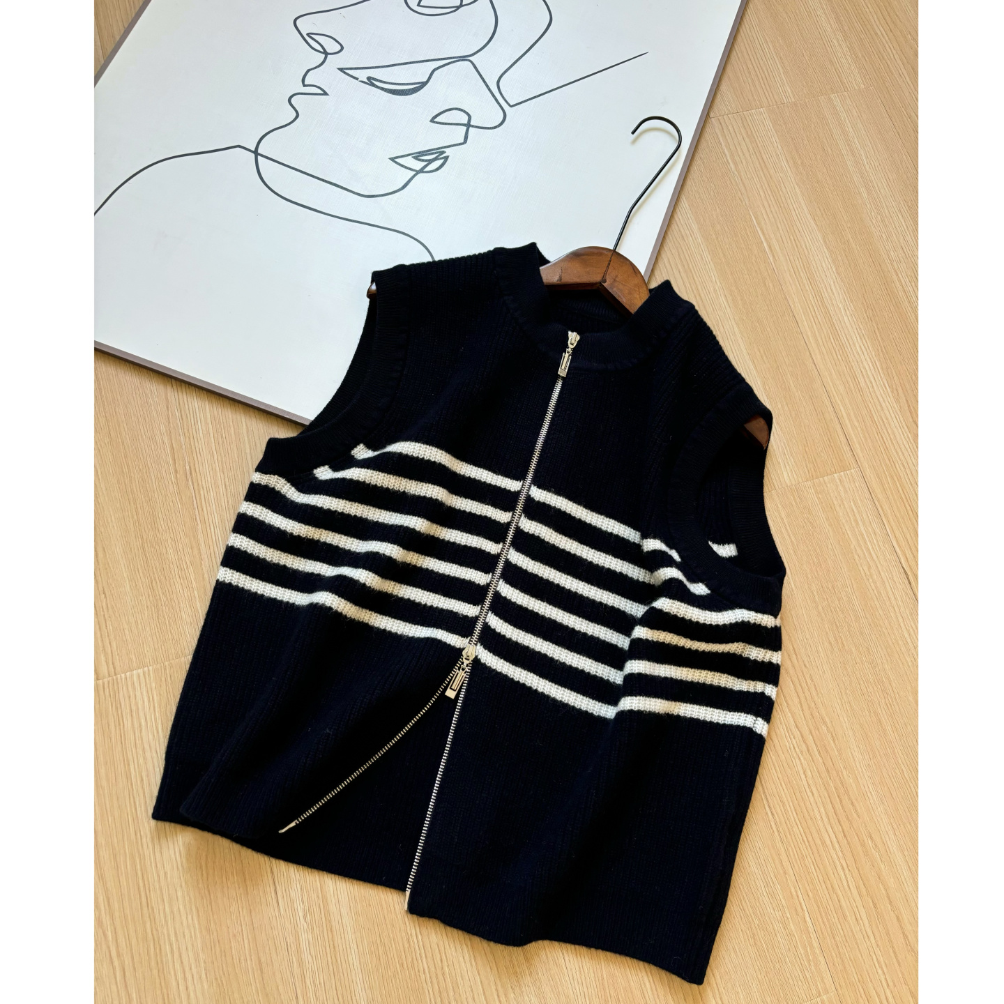 全羊毛~ 双拉链的！老钱撞色条纹  立领无袖针织衫毛衣背心马甲女