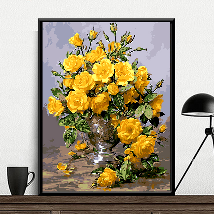 diy数字油画花卉植物风景客厅餐厅大幅数码填色手绘装饰画 黄玫瑰
